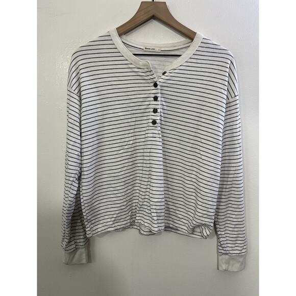 Coastal Minimalist Striped Henley Top L Parisian French Girl Scandi Capsule Y2K - Picture 1 of 14